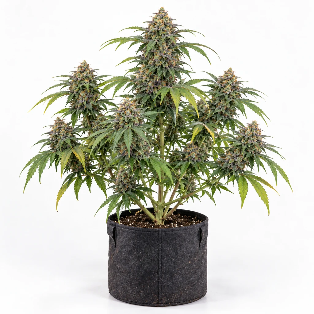 Ilustración de una planta ramificada en floración para la ficha de Blue Hell CBD Feminizada, en maceta negra sobre fondo blanco.