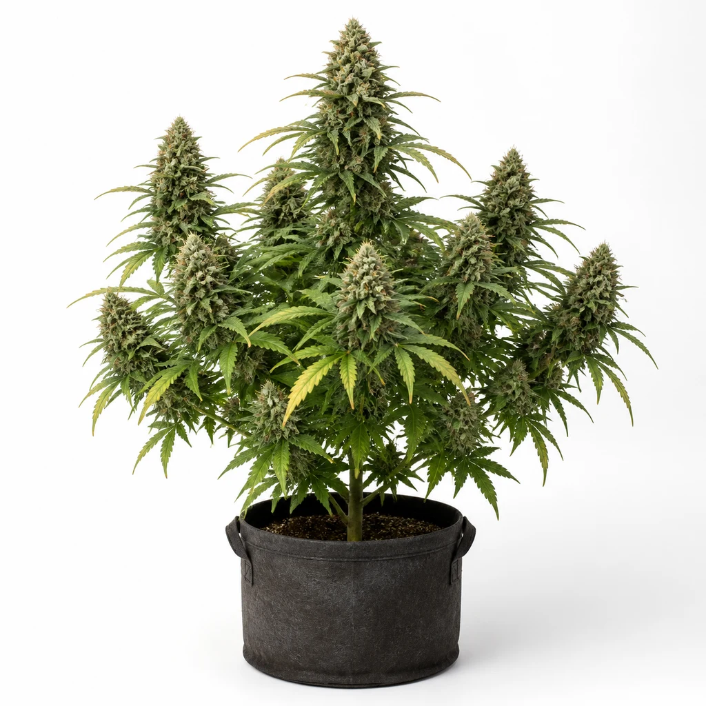 Ilustración de una planta en floración para la ficha de Y Griega CBD Feminizada, con cogollos alargados y hojas verdes y amarillas en maceta negra.