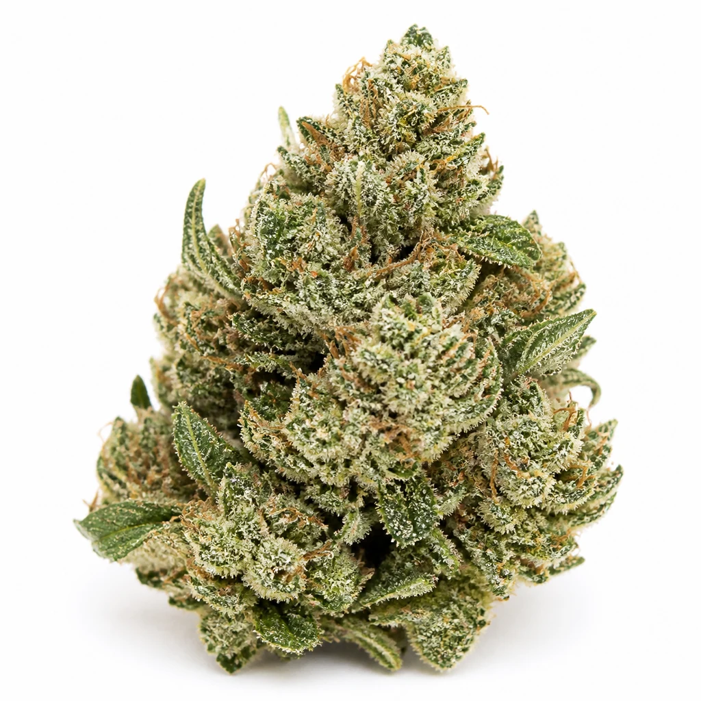 Ilustración de un cogollo con hojas verdes, abundantes tricomas claros y pistilos anaranjados para la ficha de Auto Llimonet Haze CBD.