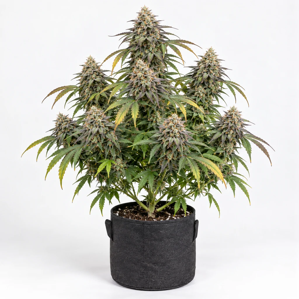 Ilustración de una planta de cannabis en floración en maceta negra, con varias colas florales, para la ficha de Berniehana Butter x Triple Scoop.