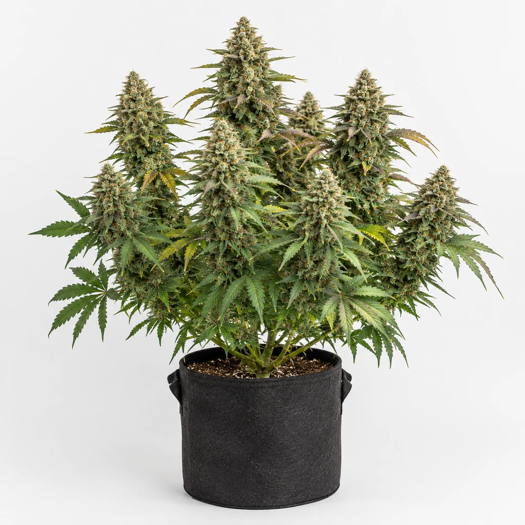 Ilustración de una planta de cannabis con cogollos voluminosos en maceta negra, sobre fondo blanco, para la ficha de Gelatti Feminizada.
