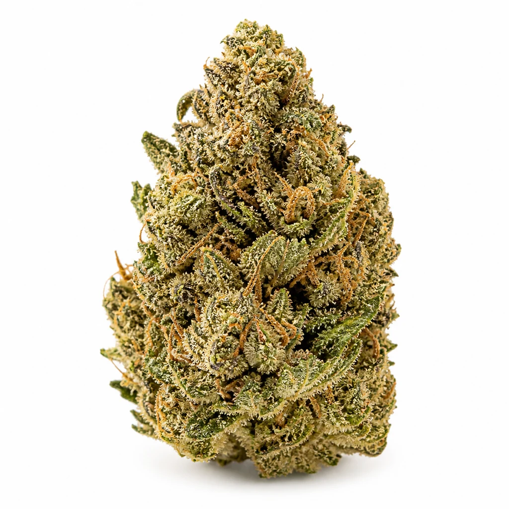 Ilustración de un cogollo cónico verde con abundantes tricomas claros y pistilos anaranjados para la ficha de Silver Surfer Haze Feminizada.