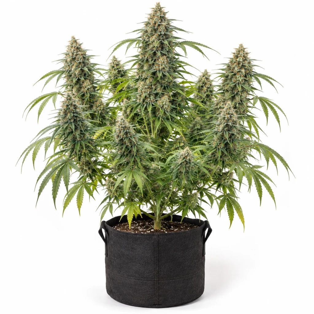 Ilustración de una planta de cannabis en floración para la ficha de Wombat Feminizada, con cogollos alargados en una maceta negra.