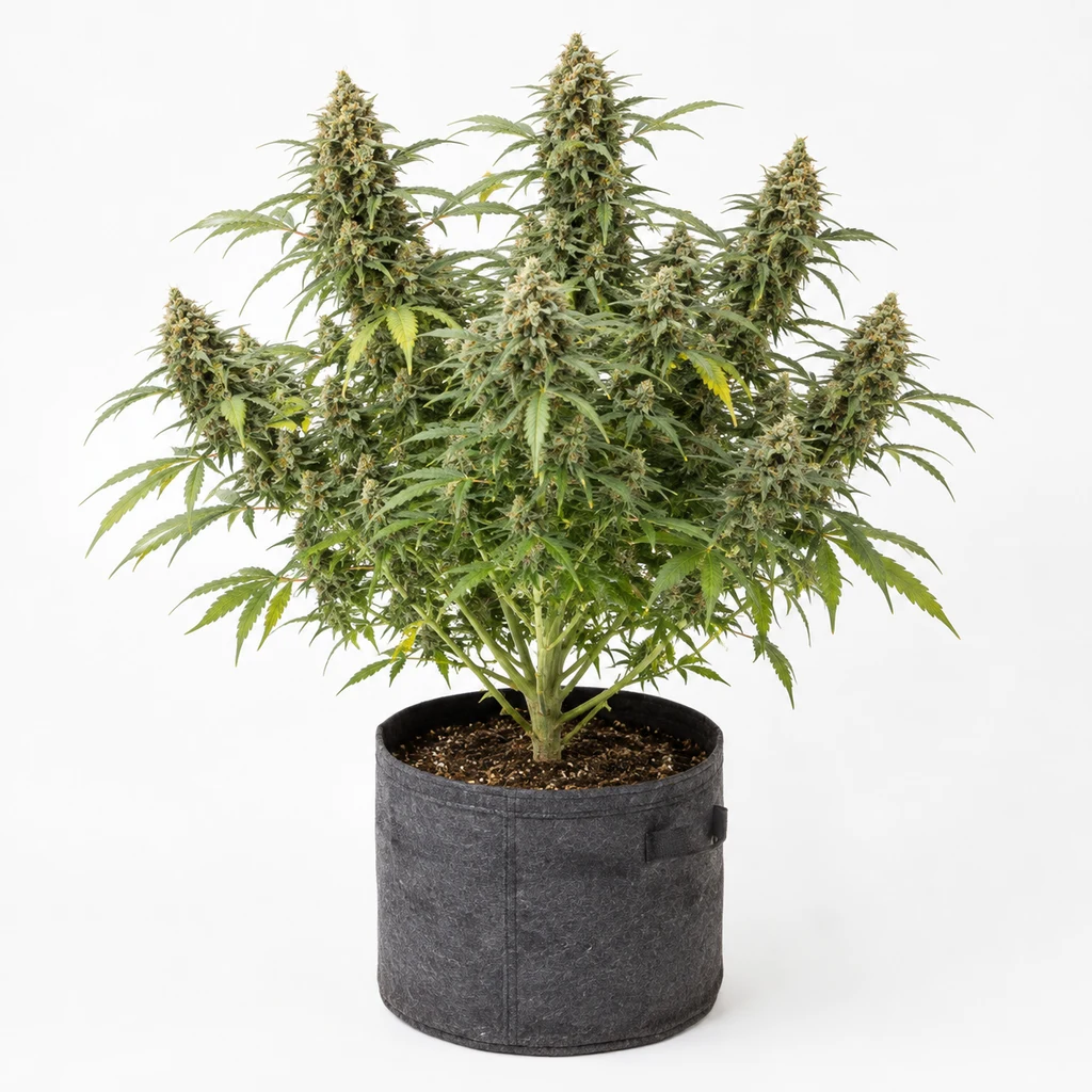Ilustración de una planta de cannabis en floración en maceta textil gris para la ficha de Auto Gouda's Grass de Vision Seeds.