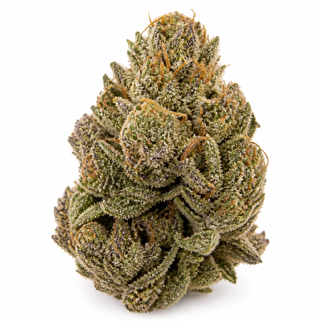 Ilustración de un cogollo alargado con tricomas claros y pistilos naranjas para la ficha de Strawberry Cheesecake Feminizada de Heavyweight Seeds.