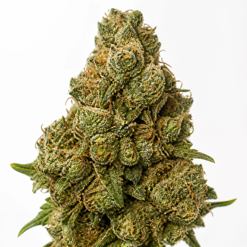 Ilustración de un cogollo verde con pistilos anaranjados y abundantes puntos claros, para la ficha de Cheese Feminizada de Expert Seeds.