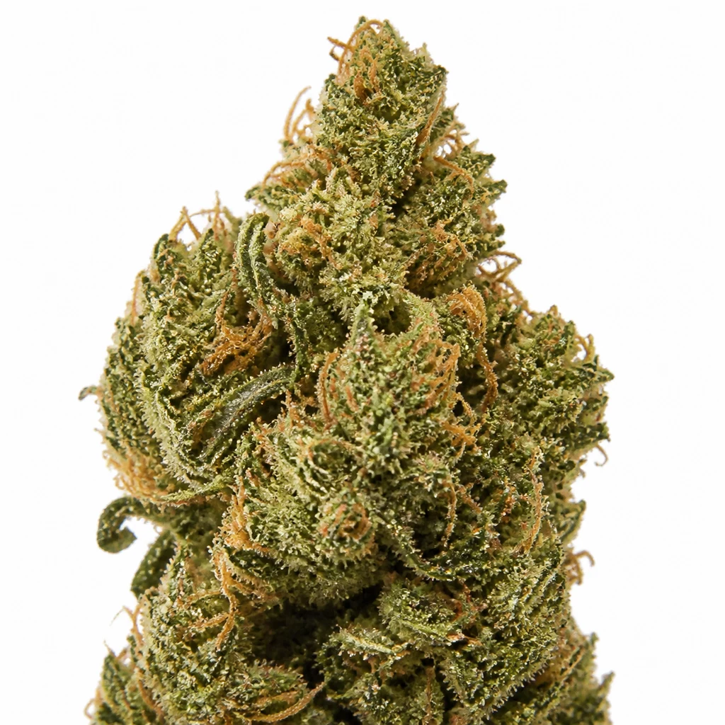Ilustración de un cogollo verde con filamentos anaranjados y superficie cubierta de tricomas para la ficha de White Gold Feminizada de Expert Seeds.
