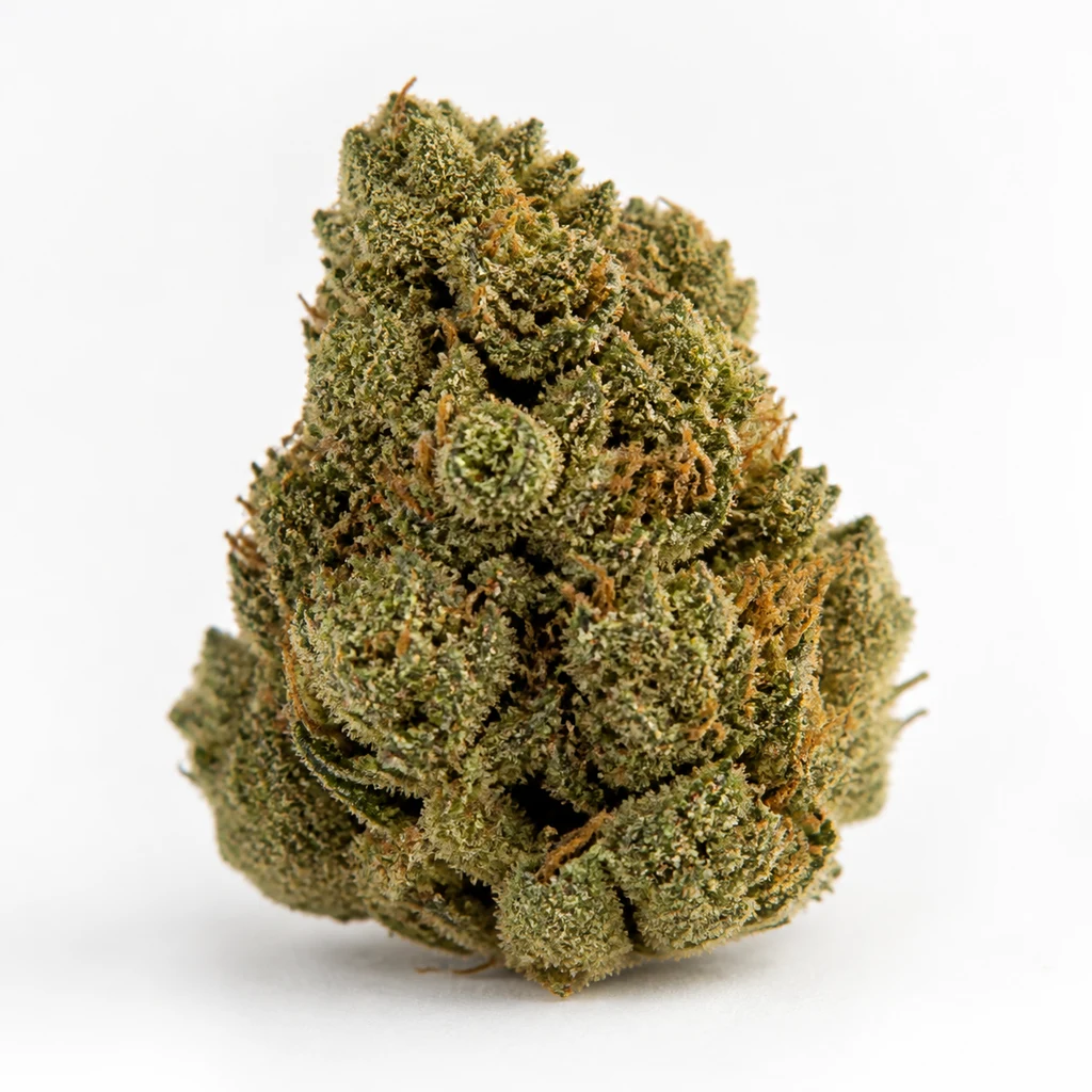Ilustración de un cogollo compacto verde con filamentos naranjas para la ficha de Bilbo Pound Cake Feminizada de Genehtik Seeds.