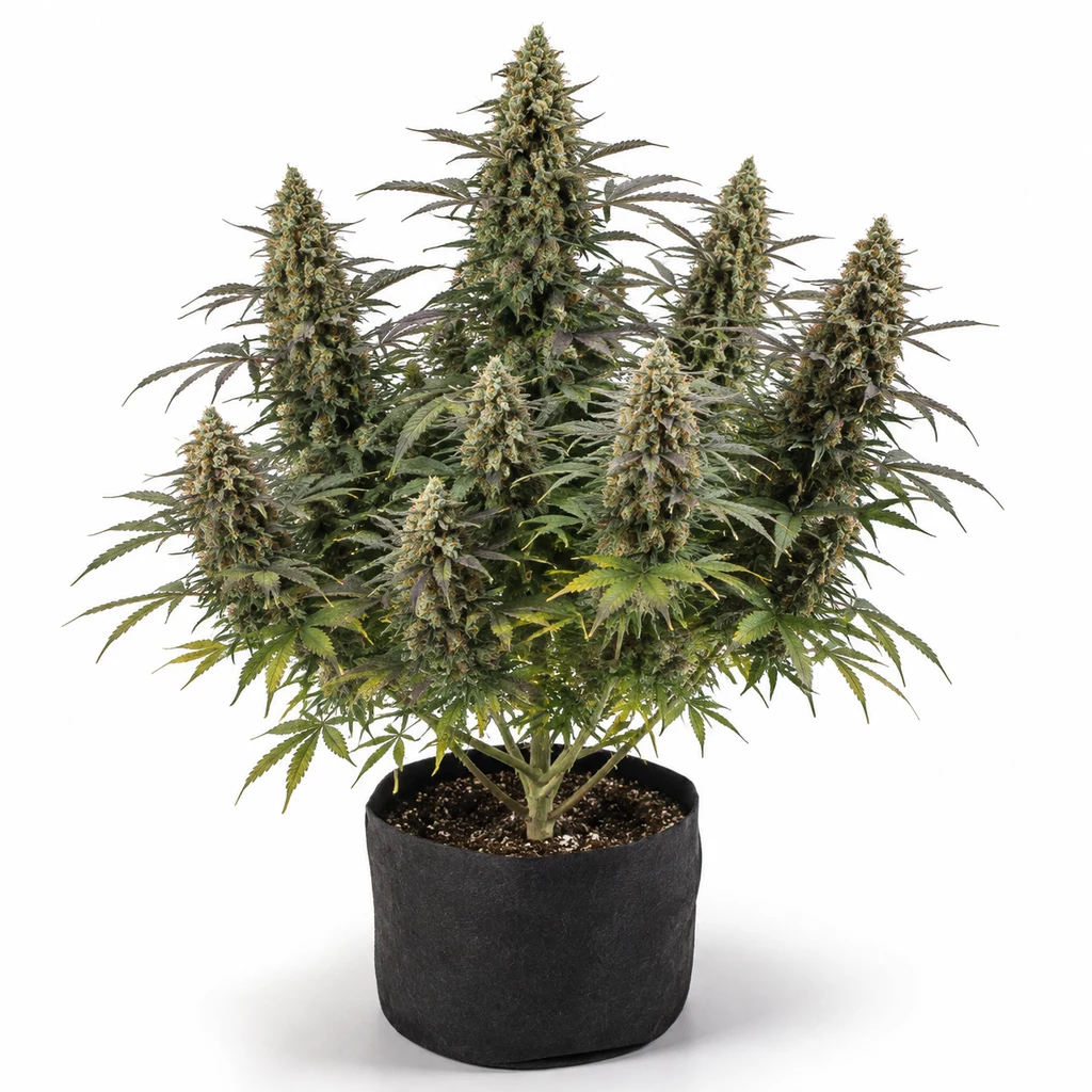 Ilustración de una planta de cannabis con varias colas florales en maceta negra para la ficha de Auto Chiquita Banana Ed. Especial.