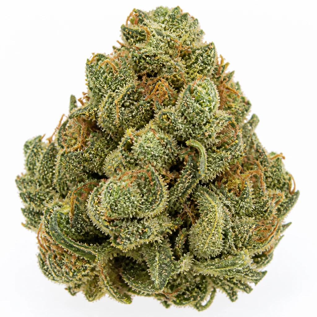 Ilustración de un cogollo verde con pistilos anaranjados y tricomas claros para la ficha de Black Widow Regular de Mr. Nice Seeds.