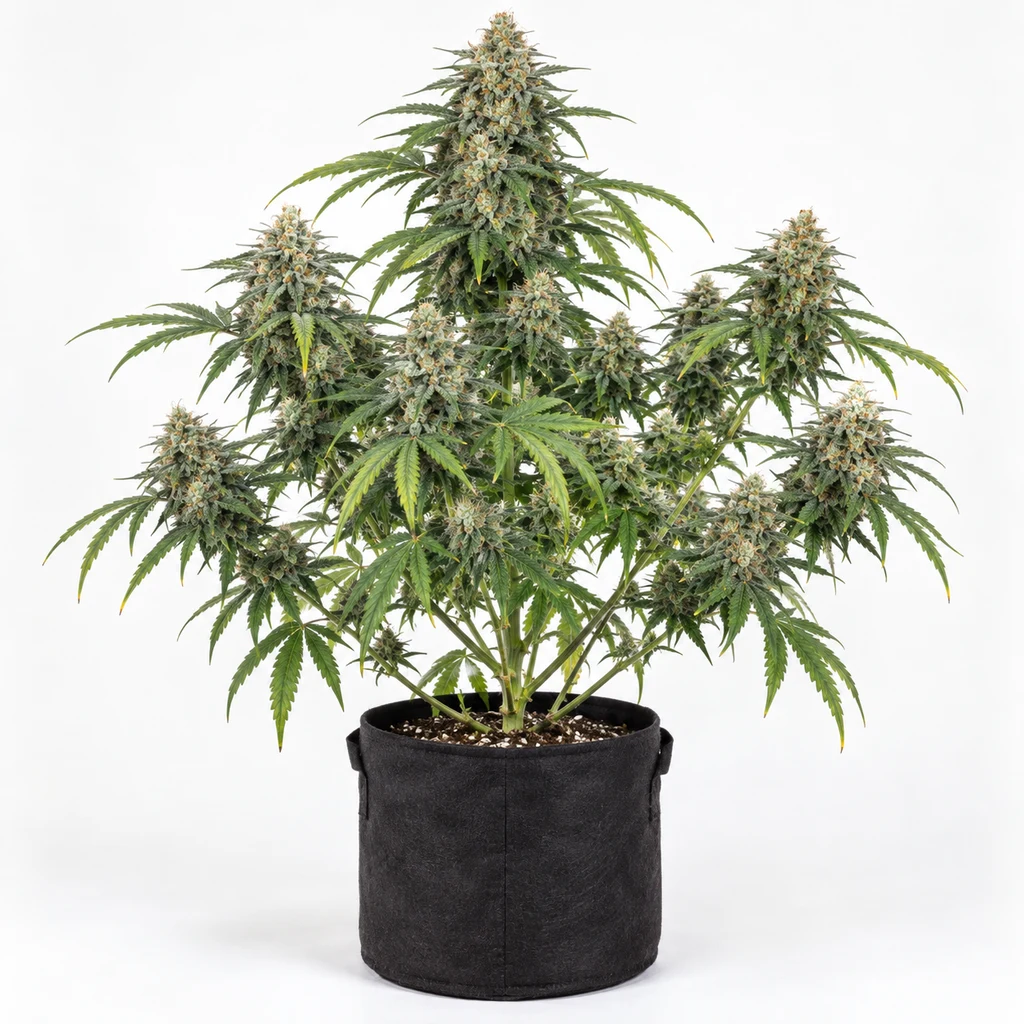 Ilustración de una planta ramificada con cogollos y hojas verdes en maceta negra para la ficha de Black Widow Regular.