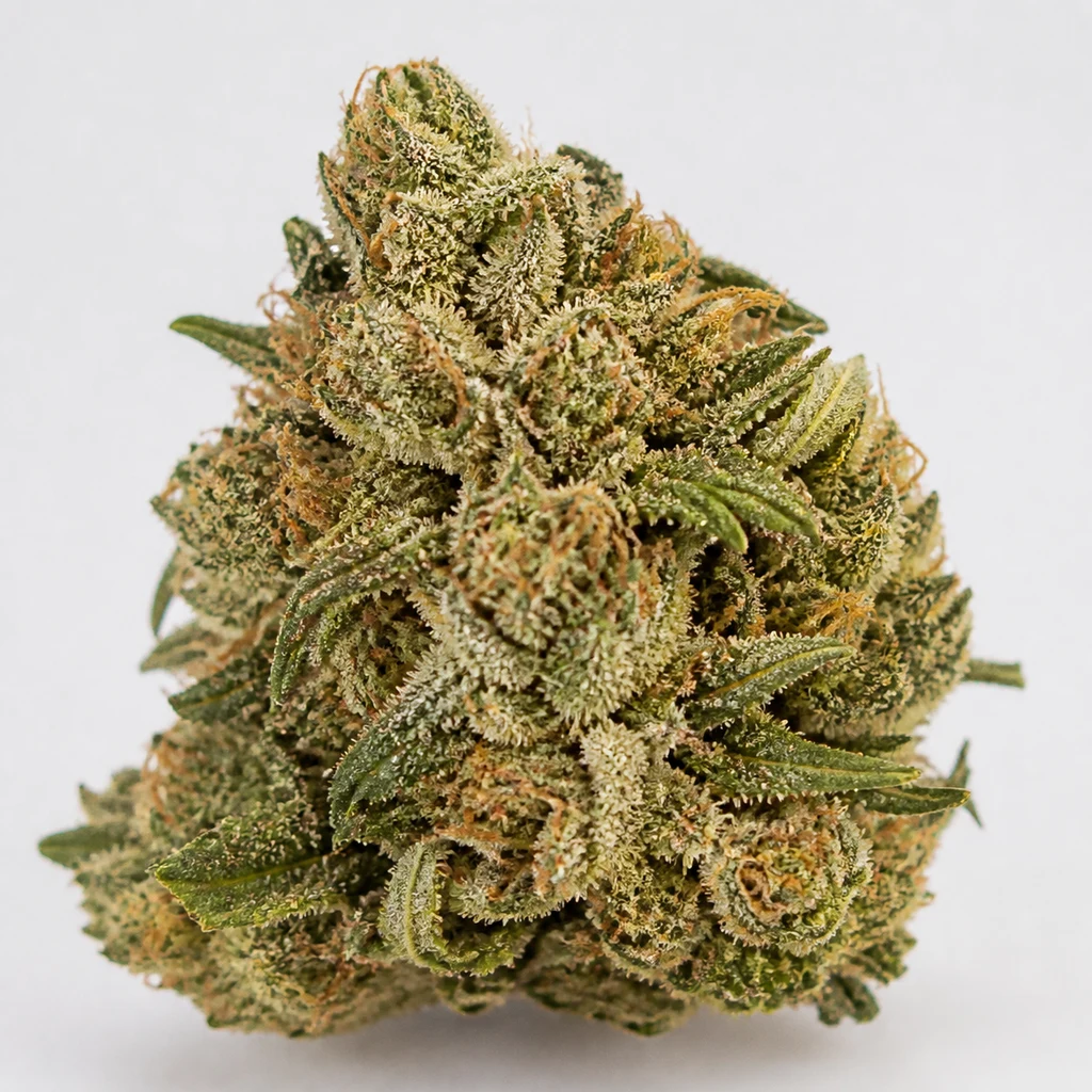 Ilustración de un cogollo ancho con hojas verdes y abundantes tricomas para la ficha de Critical Skunk Regular – Mr. Nice Seeds.