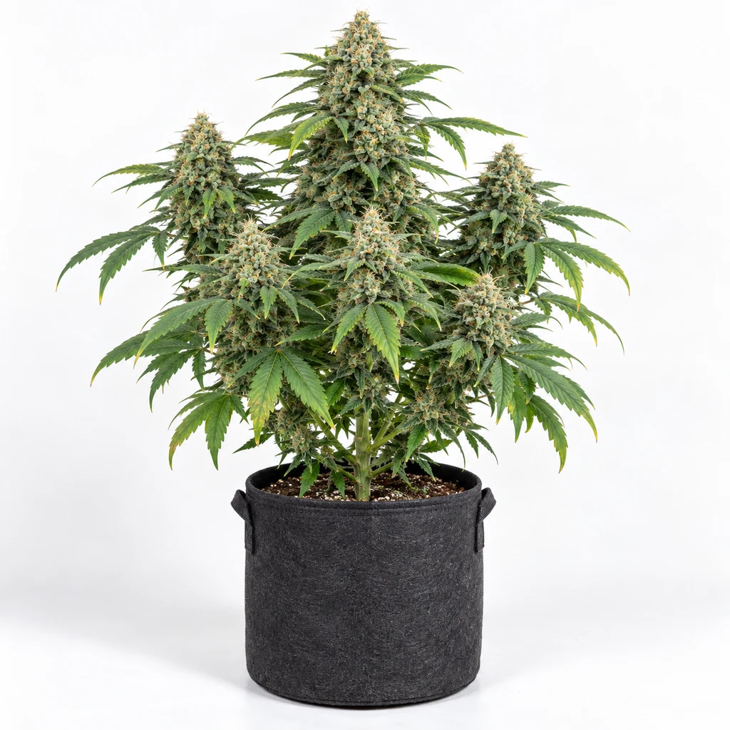 Ilustración de una planta de cannabis con cogollos voluminosos en maceta textil para la ficha de Critical Skunk Regular.