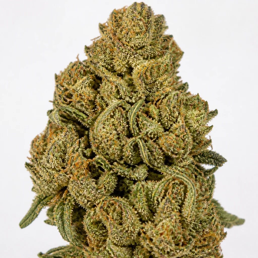 Ilustración de un cogollo verde con pistilos anaranjados y hojas curvadas para la ficha de Devil Regular de Mr. Nice Seeds.