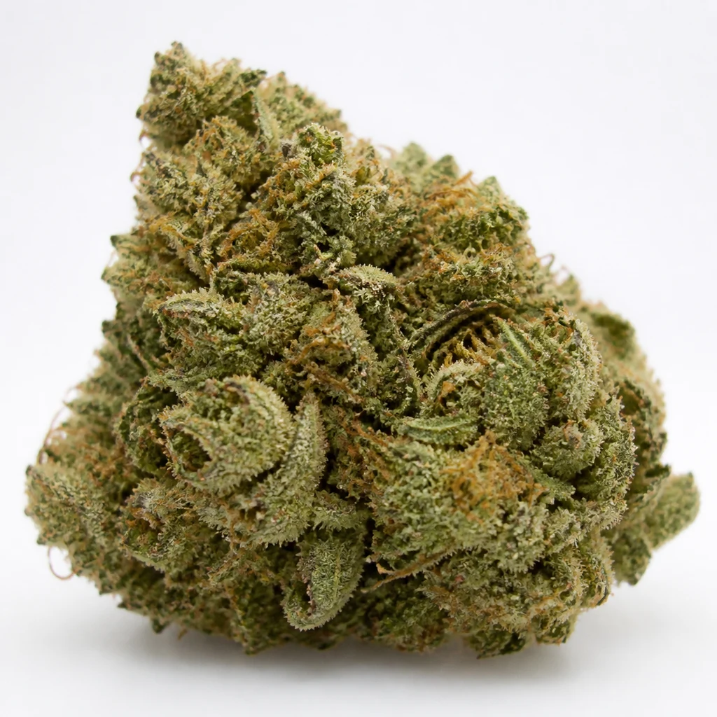 Ilustración de un cogollo verde de contorno ancho, con hojas curvadas y filamentos ocres para la ficha de Early Skunk Regular – Mr. Nice Seeds.