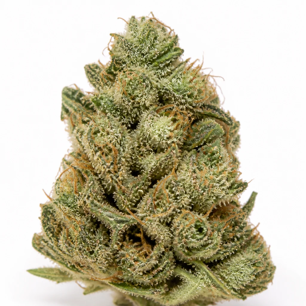 Ilustración de un cogollo alargado con hojas verdes y pistilos anaranjados para la ficha de Early Skunk Haze Regular, sobre fondo blanco.