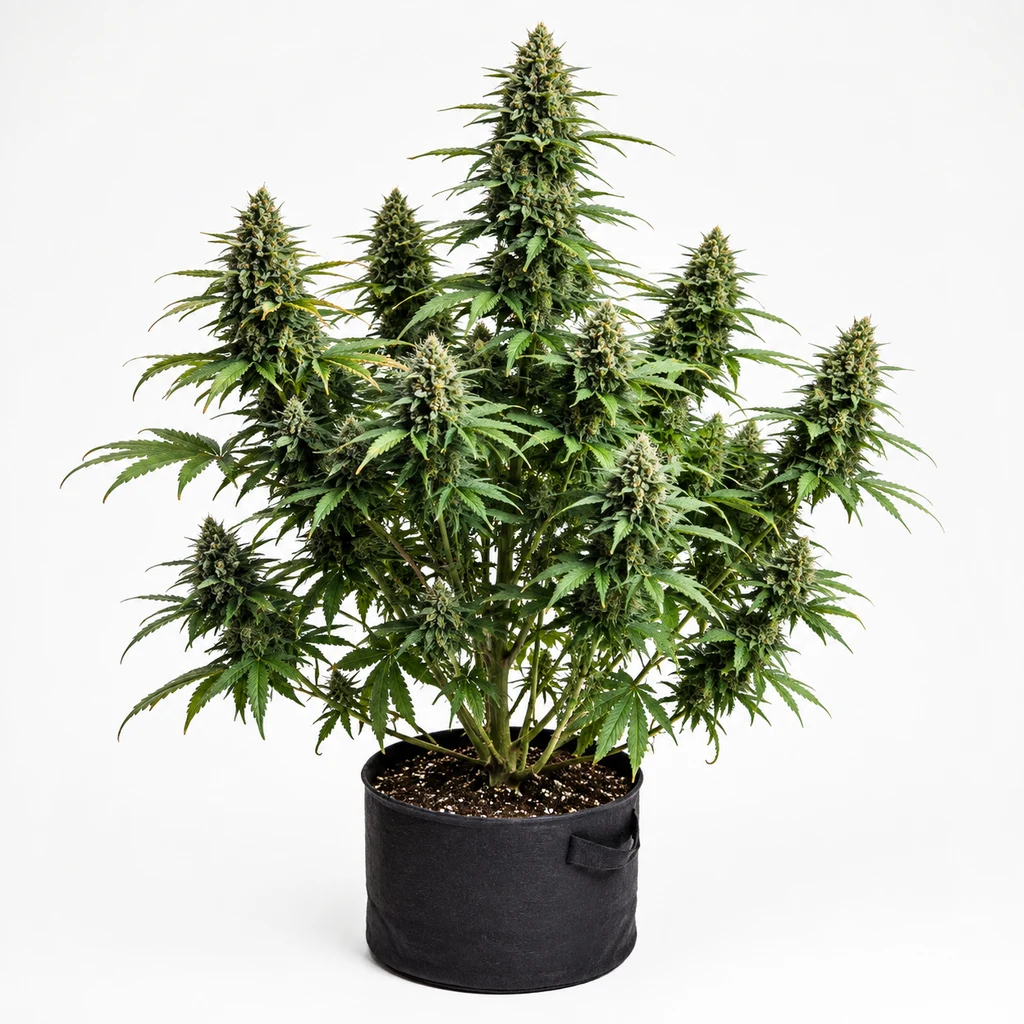Ilustración de una planta de cannabis en floración en maceta negra para la ficha de Early Skunk Haze Regular de Mr. Nice Seeds.