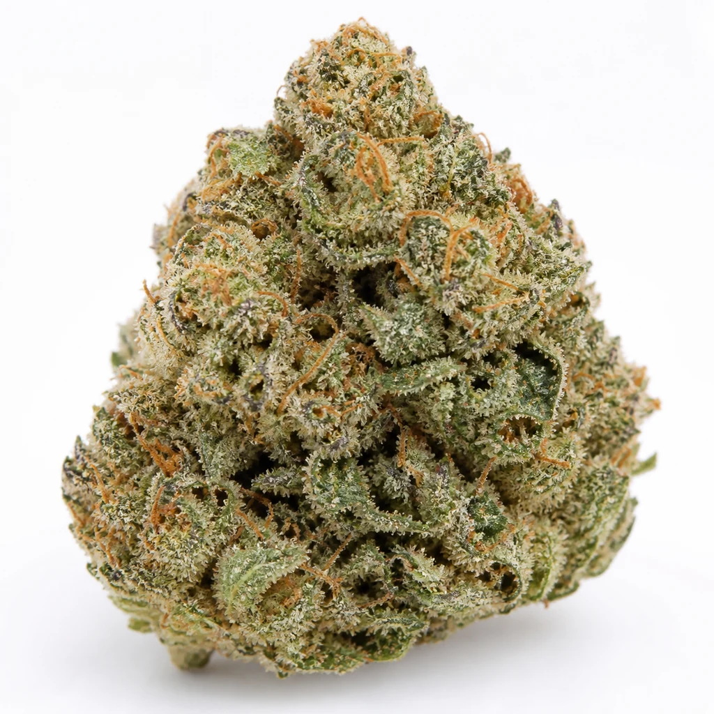 Ilustración de un cogollo compacto verde con pistilos anaranjados y superficie blanquecina para la ficha de G13 x Skunk Regular.