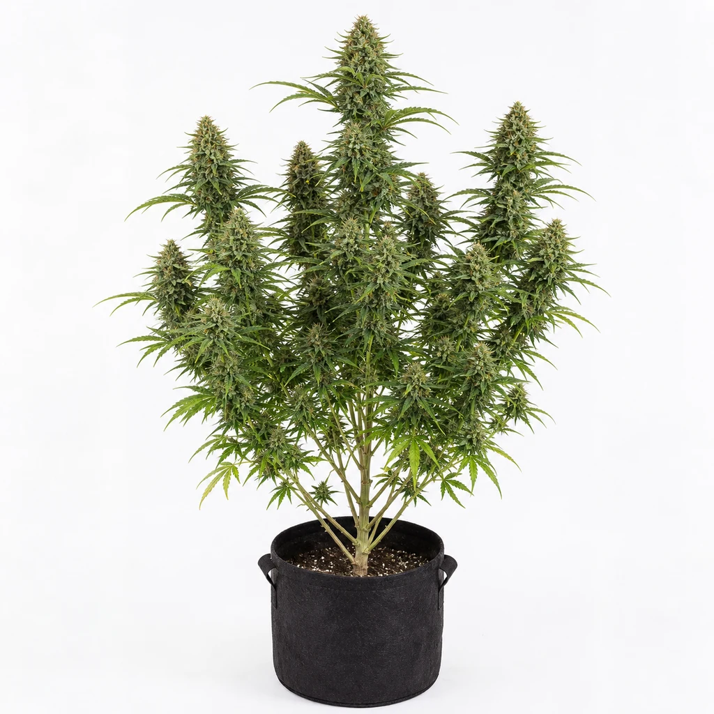 Ilustración de una planta de cannabis con varias ramas floridas en maceta negra sobre fondo blanco para la ficha de Holy Grail Regular.
