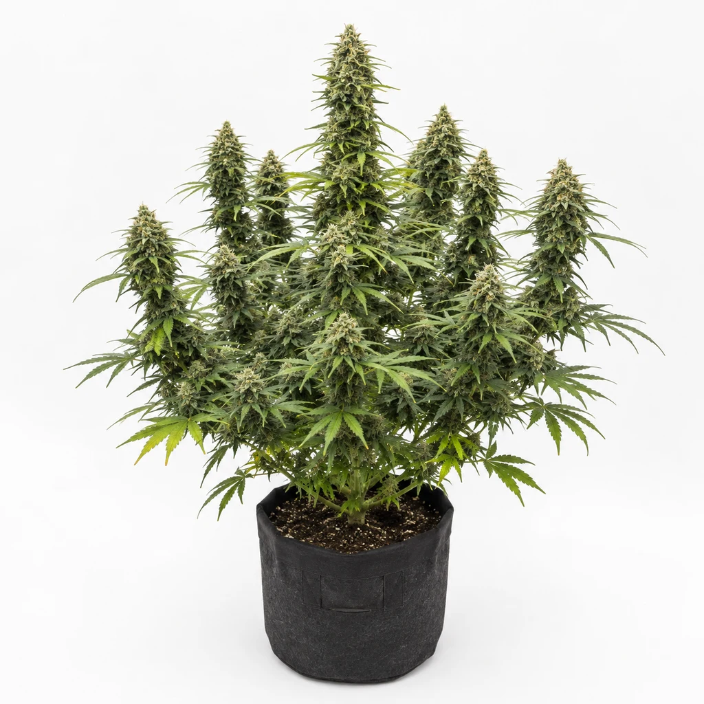 Ilustración de una planta de cannabis en floración, con varias colas y maceta negra, para la ficha de Grail Widow Regular.