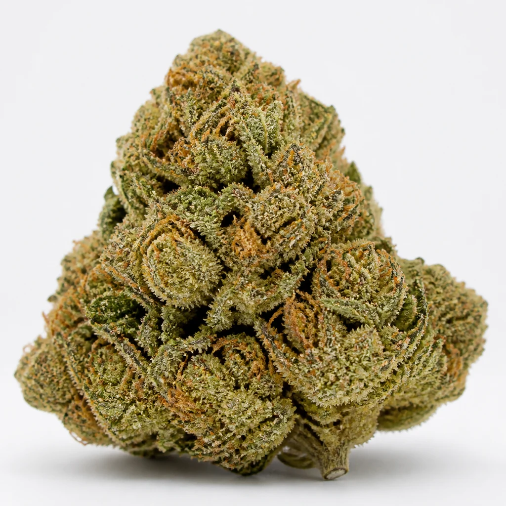 Ilustración de un cogollo compacto verde con filamentos anaranjados para la ficha de Master Kush x Skunk Regular.