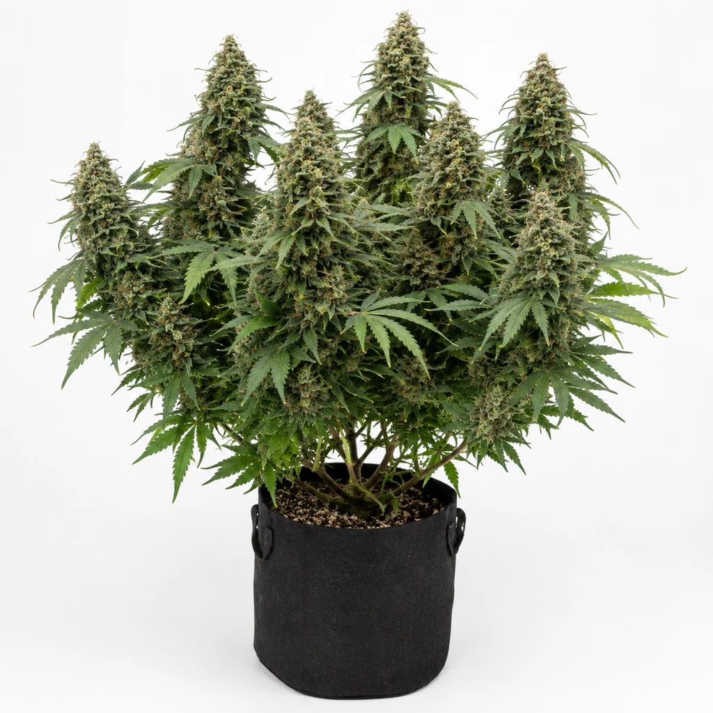 Ilustración de una planta en floración para la ficha de Master Kush x Skunk Regular, con varias colas y maceta negra.
