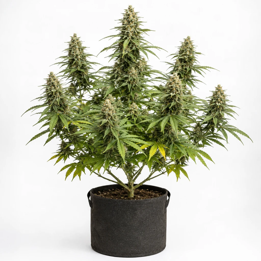 Ilustración de una planta en floración para la ficha de NHS Regular de Mr. Nice Seeds, con cogollos alargados en una maceta negra.
