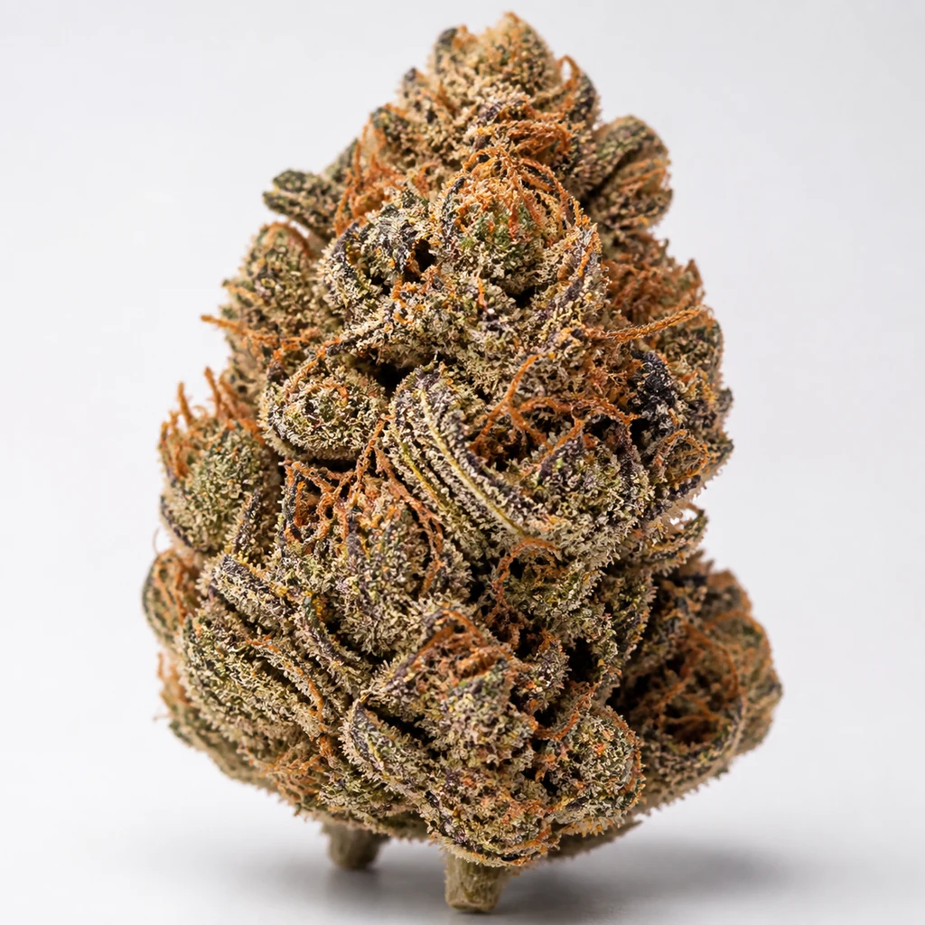Ilustración de un cogollo para la ficha de Gorilla Cookies Feminizada, con hojas moradas, cubierta blanquecina y largos pistilos naranjas.