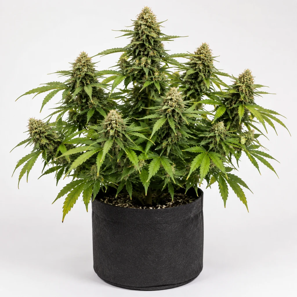 Ilustración de una planta de cannabis con cogollos alargados y maceta negra para la ficha de Gary Payton S1 Feminizada.