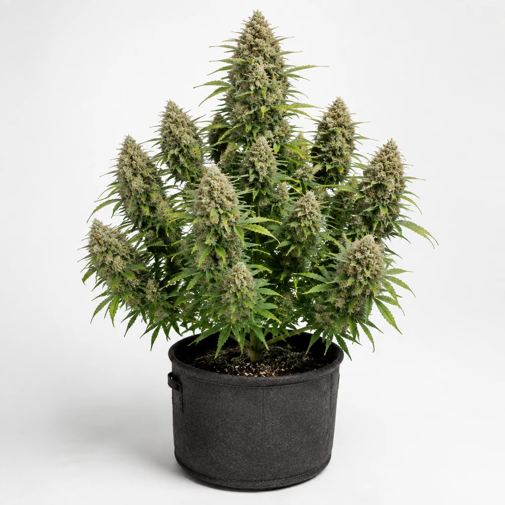 Ilustración de una planta de cannabis con cogollos densos en maceta oscura para la ficha de Brake Pad Breath Feminizada.