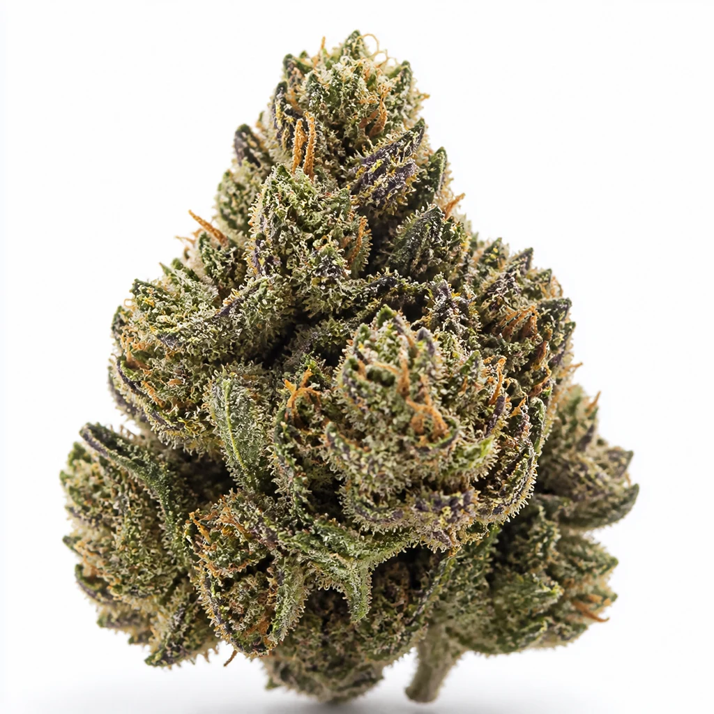 Ilustración de un cogollo verde y violáceo con pistilos naranjas y tricomas claros para la ficha de Gary Payton x Purple Punch de Ripper Seeds.