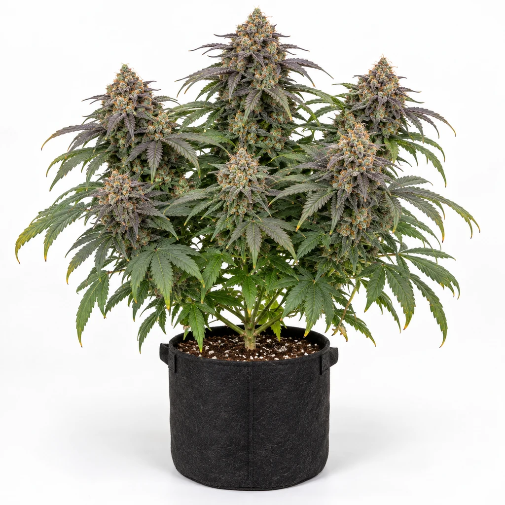 Ilustración de cannabis con cogollos densos y hojas verdes y moradas, en maceta negra, para la ficha de Gary Payton x Purple Punch Feminizada.