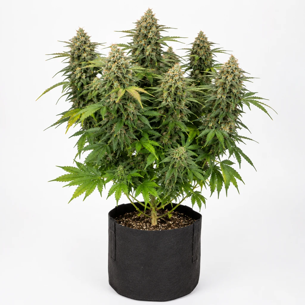 Ilustración de planta con abundantes flores y hojas verdes en maceta negra para la ficha de Motor Mint Feminizada de Ripper Seeds.