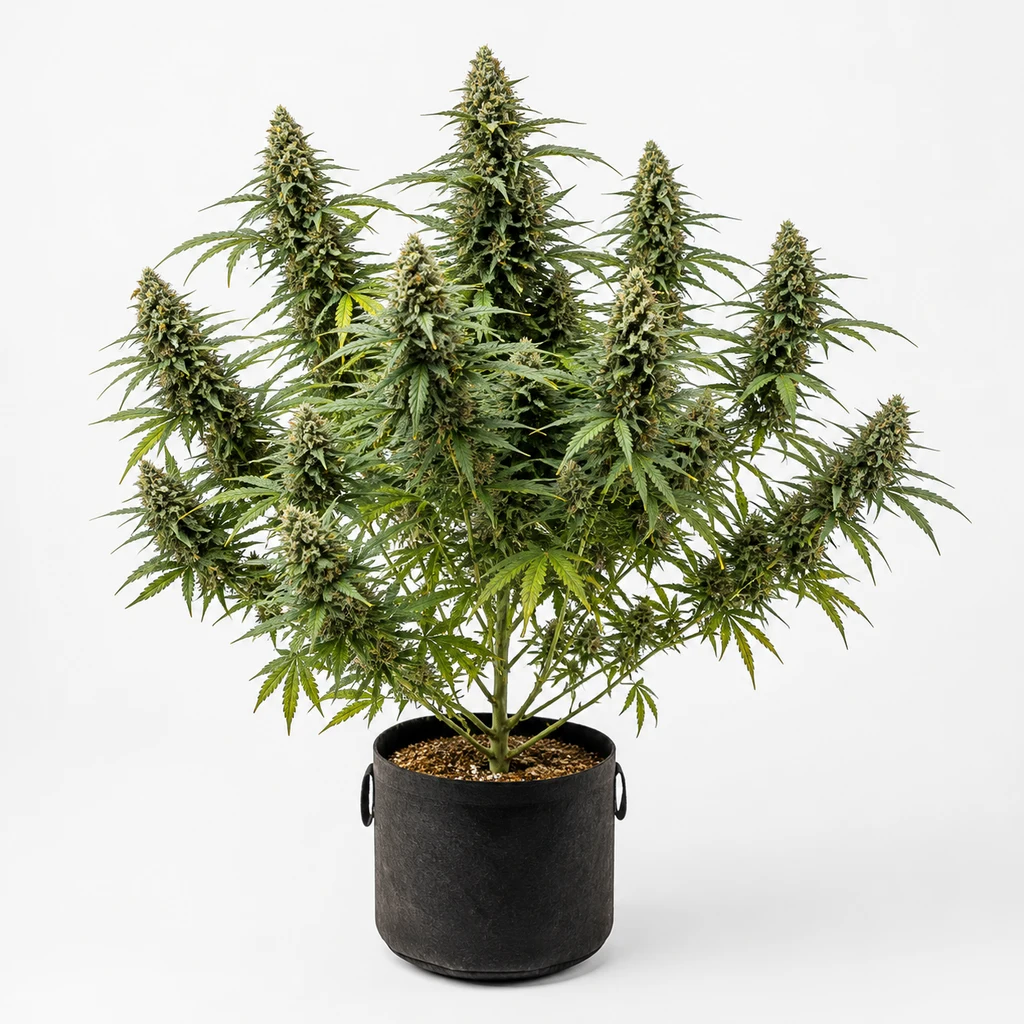 Ilustración de una planta con numerosas flores y hojas verdes en maceta negra para la ficha de Stardust Mints Feminizada.