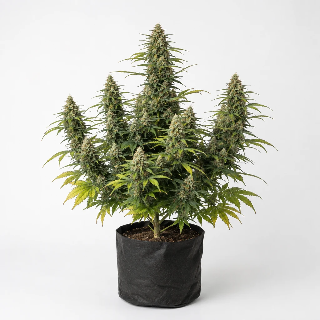 Ilustración de una planta de cannabis en floración para la ficha de Izozki Boom, con cogollos alargados en una maceta negra.