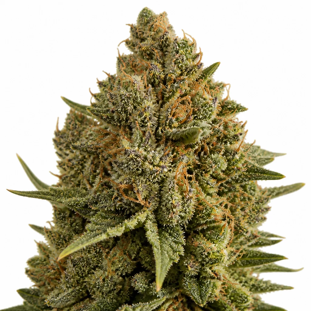 Ilustración de una flor de cannabis para la ficha de Colossus Feminizada, con hojas puntiagudas verdes y filamentos anaranjados.