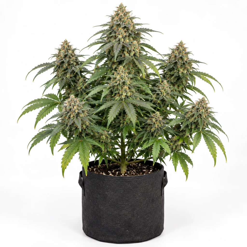 Ilustración de una planta de cannabis en floración en maceta negra para la ficha de Magnetic Marker Feminizada de G13 Labs.