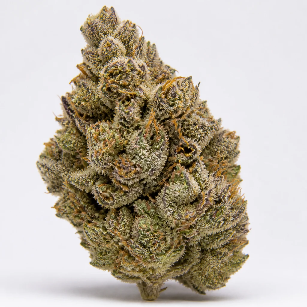 Ilustración de un cogollo compacto con tonos verdes y morados y filamentos anaranjados para la ficha de Gelato 47 Feminizada de Positronics Seeds.