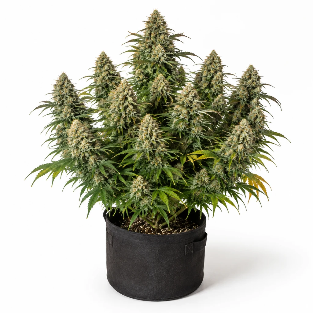 Ilustración de una planta de cannabis con numerosos cogollos y hojas verdes en maceta negra para la ficha de Auto Do-Si-Dos.