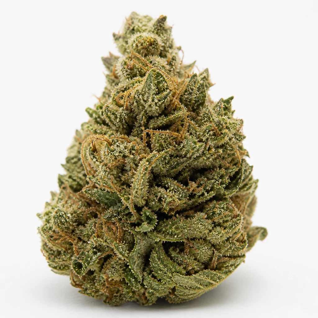 Ilustración de un cogollo verde con filamentos anaranjados y superficie blanquecina para la ficha de Northern Lights Feminizada de Pyramid Seeds.