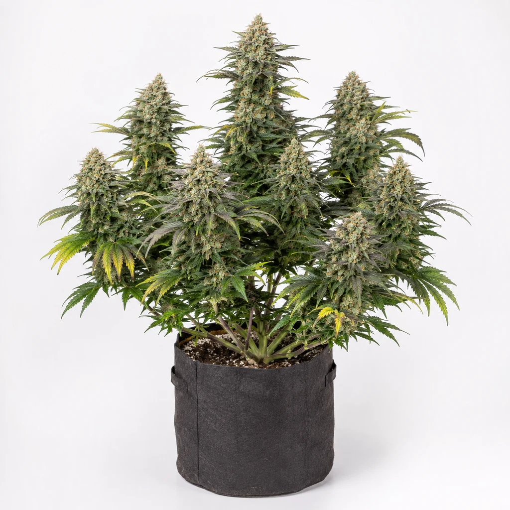 Ilustración de una planta de cannabis en maceta oscura, con varias colas florales, para la ficha de Biscotti Gelato Feminizada.