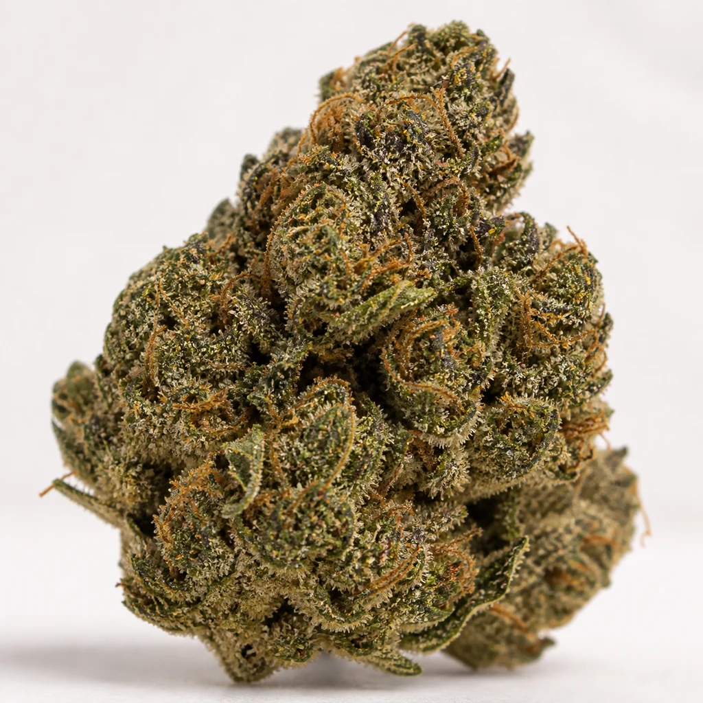 Ilustración de un cogollo verde oscuro con pistilos naranjas y tricomas claros para la ficha de GG4 (Gorilla Glue 4) de Fast Buds.