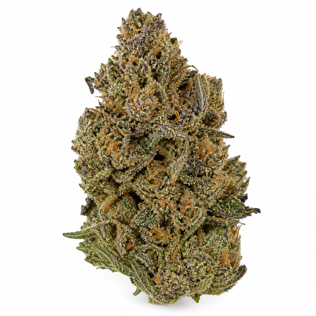 Ilustración de un cogollo alargado verde y morado, con pistilos anaranjados, para la ficha de Tropicana Cookies Auto de Fast Buds.