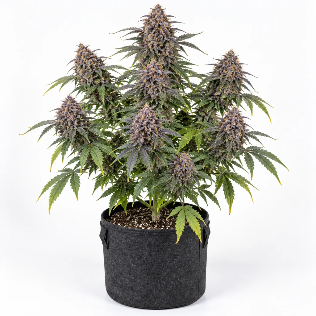 Ilustración de una planta con cogollos violáceos y hojas verdes en maceta negra para la ficha de Tropicana Cookies Auto.