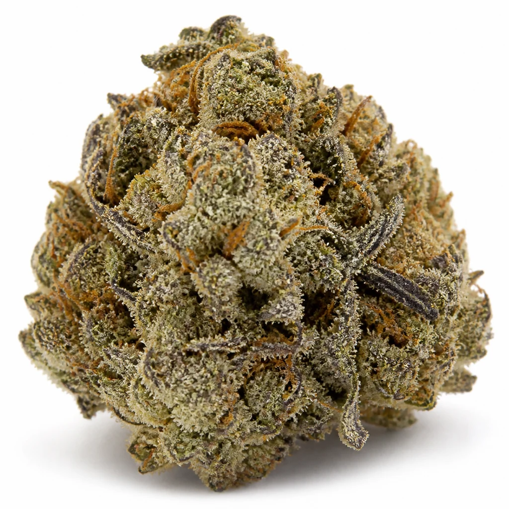 Ilustración de un cogollo compacto con hojas oscuras y abundantes puntos blanquecinos para la ficha de Buddha Tahoe OG Kush Feminizada.