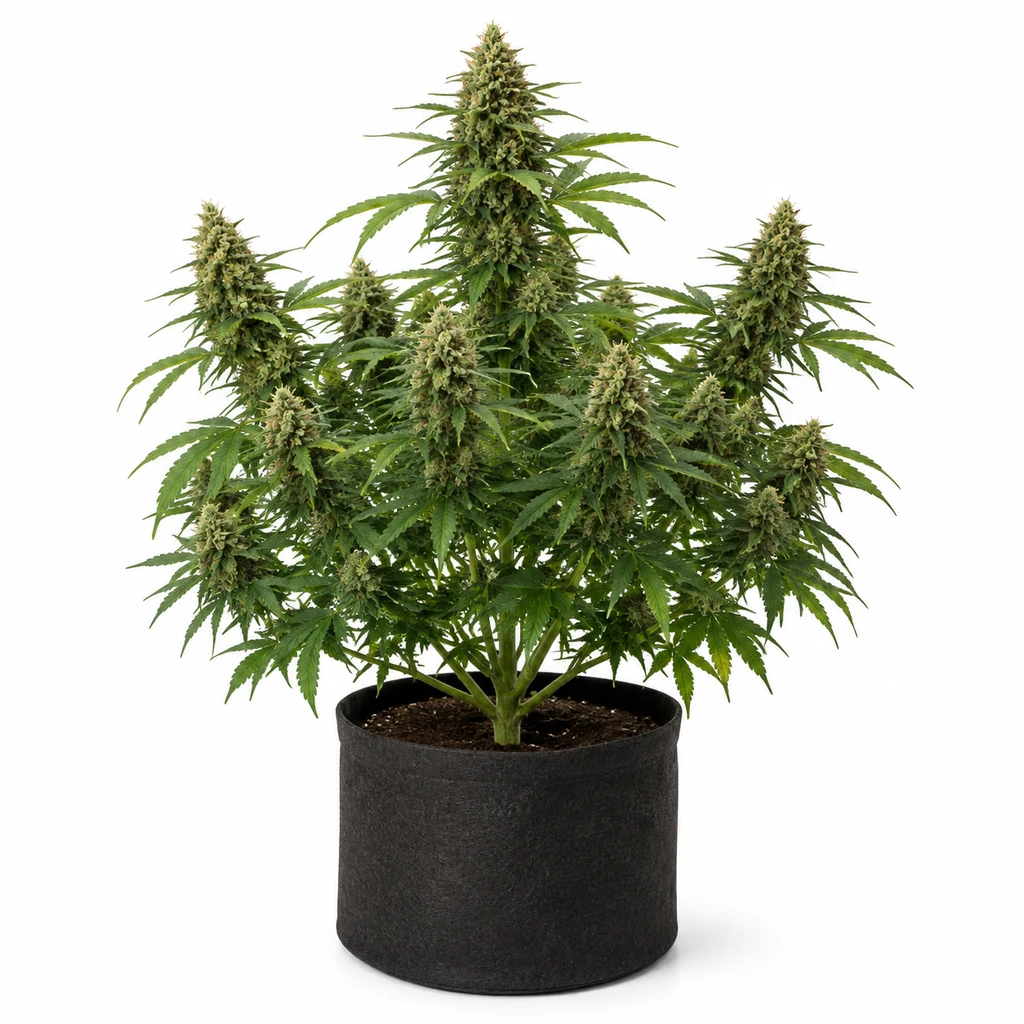 Ilustración de una planta de cannabis en floración para la ficha de Grape OG, con cogollos alargados y maceta negra sobre fondo blanco.