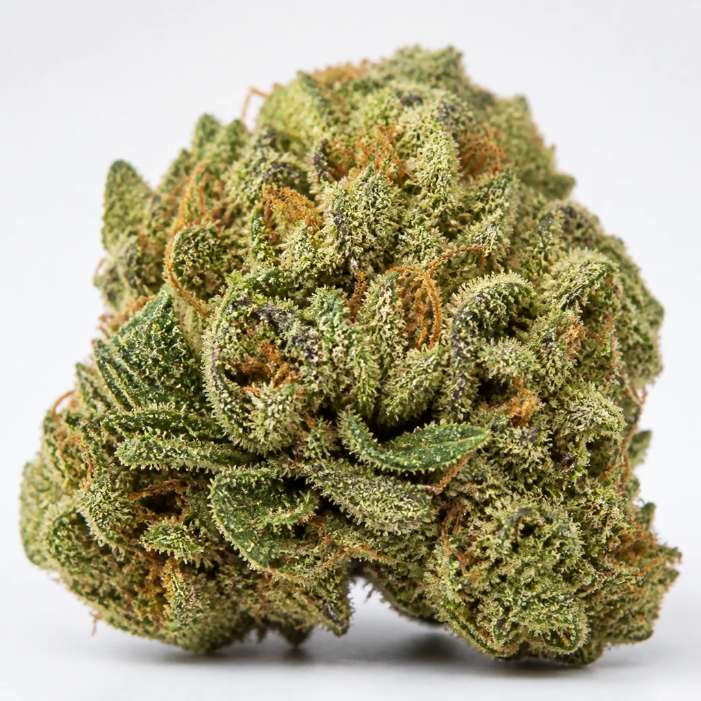 Ilustración de un cogollo verde de forma cónica, con hojas curvadas y filamentos naranjas, para la ficha de Tahoe OG Kush Feminizada.