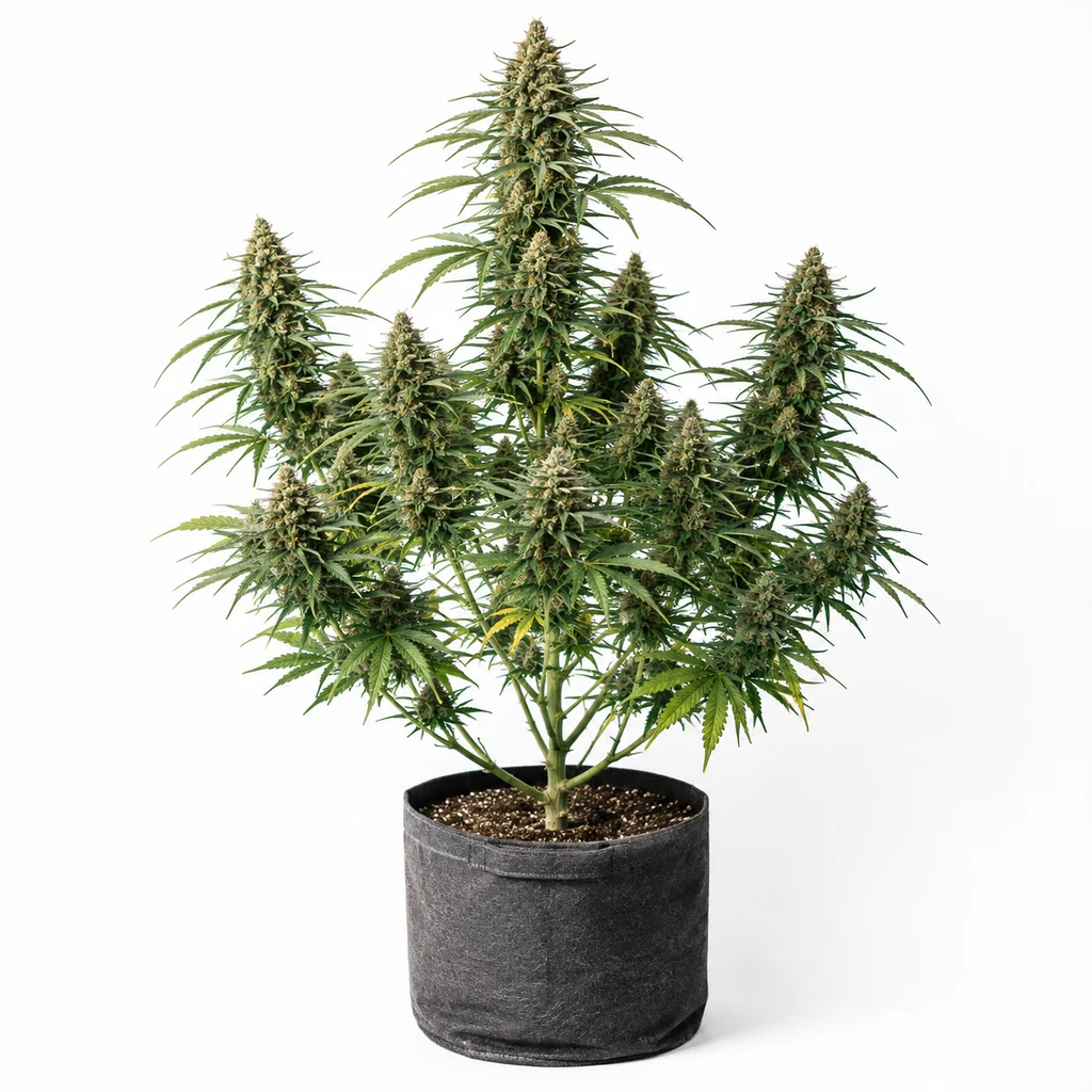 Ilustración de una planta de cannabis con cogollos y hojas verdes en maceta oscura para la ficha de Desperado Feminizada de TH Seeds.