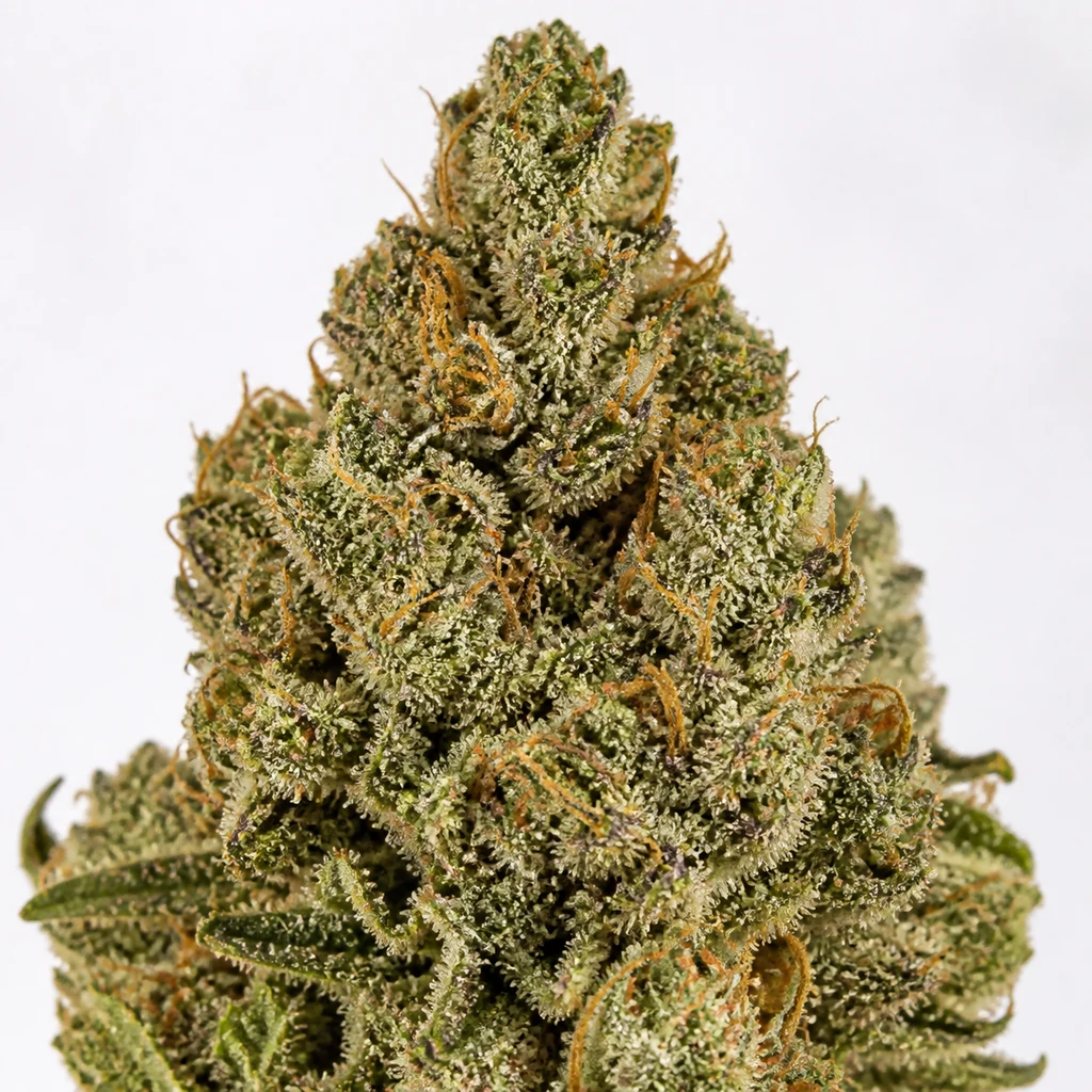Ilustración de un cogollo verde con filamentos anaranjados y abundantes tricomas para la ficha de M.O.B Feminizada de TH Seeds.