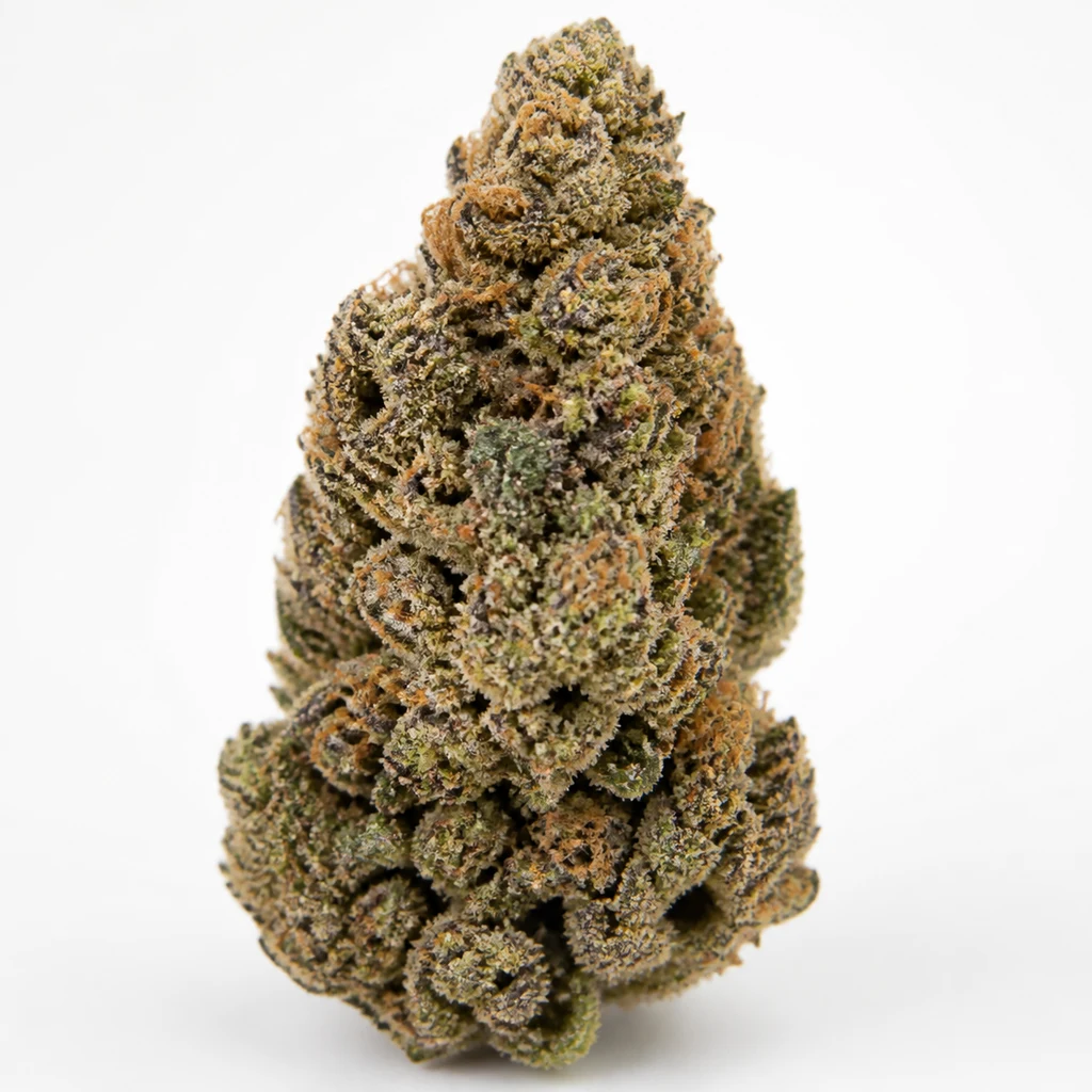Ilustración de un cogollo alargado con tonos verdes y morados y pistilos anaranjados para la ficha de Runtz Mattazz Feminizada de TH Seeds.
